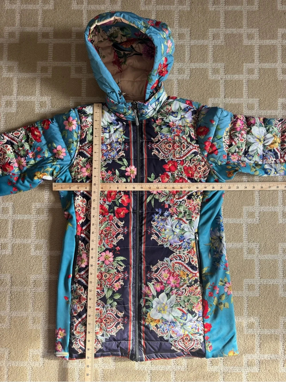 Johnny Was Santa Fe Reversible Down Puffer Parka Teal Multicolor Floral Large
